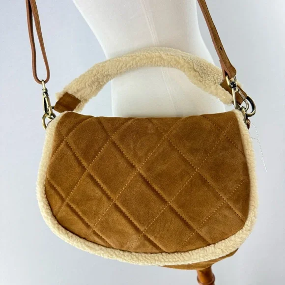 SUNDANCE Tan Suede Leather Quilted Shearling Lined Shoulder Bag NWOT - Picture 6 of 13